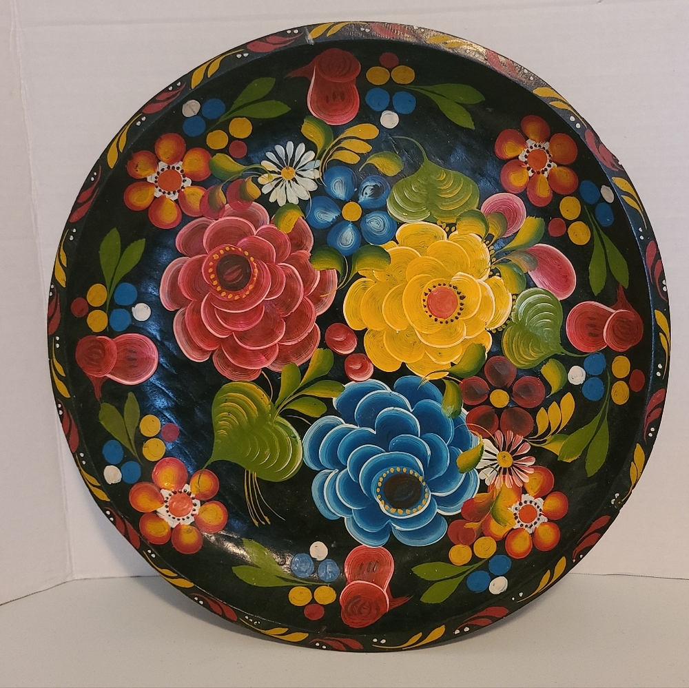 Vintage Floral Mexican Batea Wooden Tray Bowl 15"